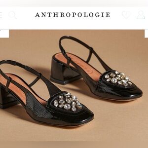 Anthropologie Vicenza Black Patent Leather Crystal Slingback Block Heels size 7